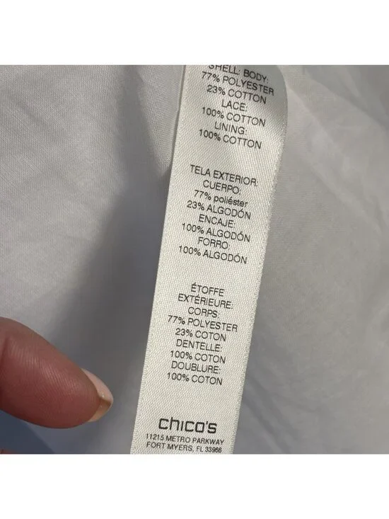 White Chico's Sheer Polka Dot Blouse With Crochet Trim & 3/4 Bell Sleeves - Picture 6 of 6